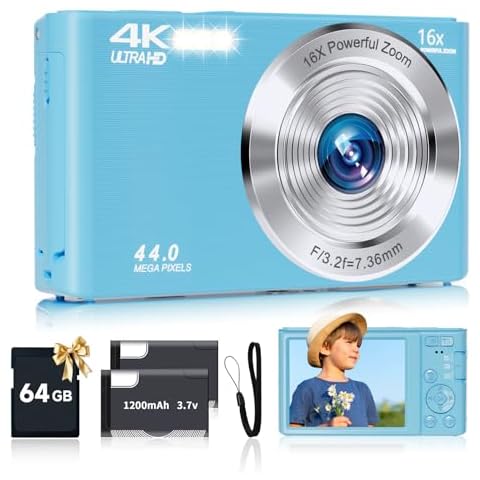 SMARTKLIK Digital Camera for Teens, FHD 4K 44MP with 64GB SD Card, 16X Digital Zoom, Compact Point Shoot Camera Blue Cover