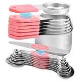 16-Piece Stainless Steel Measuring Cups and Spoons Set, Strong Magnetic Nesting Design 7 Cups 8 Spoons with Leveler, Double Measurement Markings for Dry & Liquid Ingredients, Pink