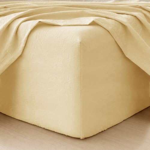 MOOMEE Fitted Sheet 100% Washed Cotton Linen-Like Extra Deep Pocket Full
