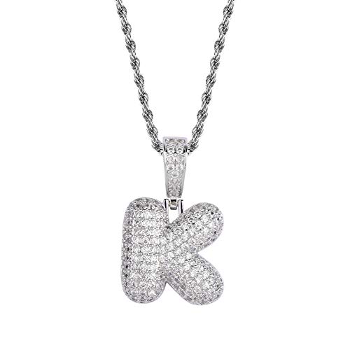 HECHUANG Micropave Simulated Diamond Iced Out Bling Custom Bubble Letters Pendant with Rope Chain (K Silver, 24)