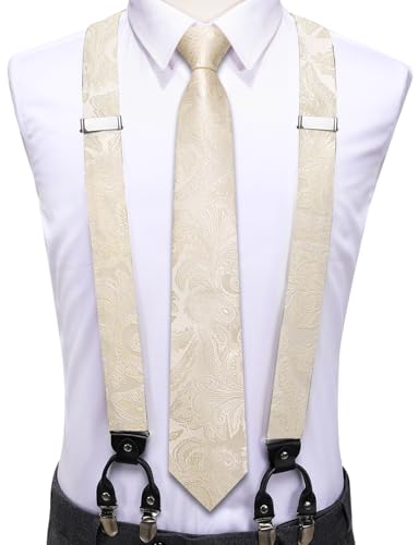 Image of Hi-Tie Men's Suspenders and Tie Set Silk Adjustable Elastic Y Braces with Strong 6 Clips Pocket Square Set
