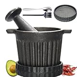 Aurionix Cast Iron Mortar and Pestle & Garlic Grater Plate Set, Guacamole Bowl and Masher with Bonus Brush/Spoon, Small Mortar and Pestle Set 3-in-1 Crushing Smasher for Kitchen Spices and Pesto