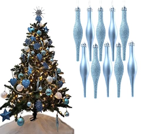 Simply Products 10 Droplet Baubles - Great Christmas Tree Decoration, Matte & Glitter Icicle Baubles (Ice Blue Glitter & Matte)