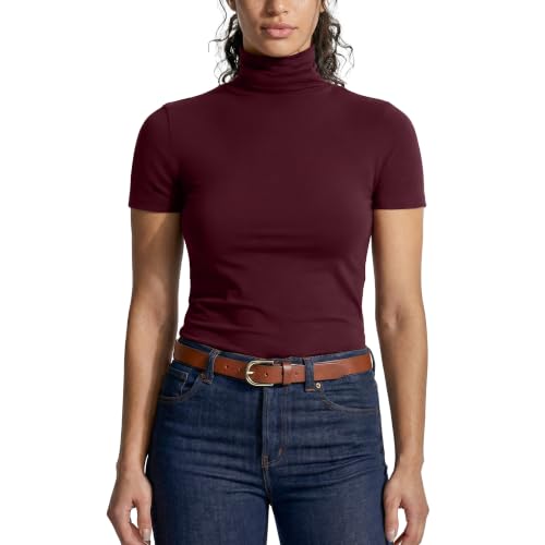 Womens Short Sleeve Turtleneck Tops(Burgundy-019,X-Large)