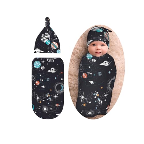 Image of Space Baby Stuff Galaxy Swaddle with Beanie Set, Soft and Stretchy Constellation Baby Swaddles Warp Blanket Swaddle Sack for Boy and Girl Gift