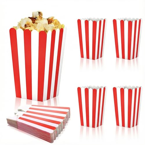 Image of 12 Pcs Paper Popcorn Boxes, Striped Popcorn Bags Decorative Containers Puffed Rice Bowl Buckets for Birthday Party Favor, Movie Nights, Party Favors, and Carnival Themed Events, Red and White