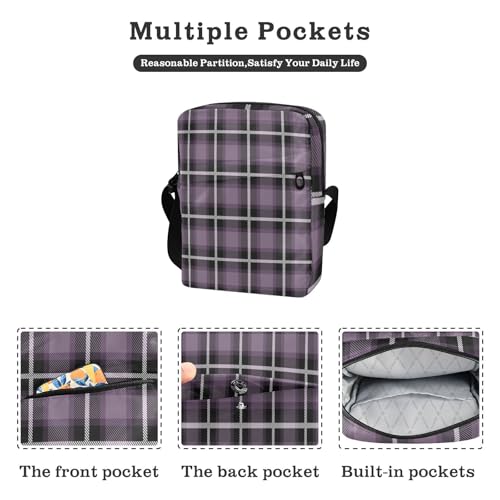 mens messenger bag crossbody shoulder bag crossbody Purse Bag Adjustable Strap for School School- Buffalo Plaid Check Tartan Scotland Purple Vintage2