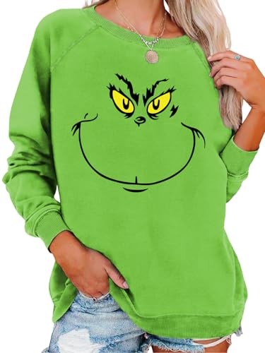 Firdauor Christmas sweatshirt for women Green Sweatshirt Merry Chrismas sweatshirt Long Sleeve Crewneck Vintage Blouse Graphic Sweater