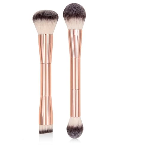 2Pcs Double Ended Foundation Makeup Brush Set Professional Dual Ended Cosmetic Brushes for Liquid, Powder, Concealer, Cream Blush Buffing Travel Friendly Face Makeup Tools with Soft Synthetic Bristles