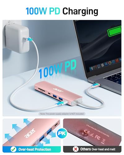 Image of Acer USB C Hub, 7 in 1 USB-C to HDMI Multi-Port Adapter, 2 USBA 3.1 GEN1 and 5Gbps Type-C Data Port, 4K HDMI Port, PD 100W Charging, SD Card Reader for iPad Pro MacBook Pro Laptops and More(Pink)