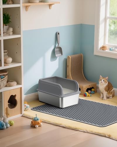 Powools 27\" x 19\" Cat Litter Mat - Ultra-Large Litter Box Mat with Double Layers, Urine-Proof and Non-Slip Litter Trapping Mat, Easy to Clean Kitty Litter Mats for Floor, Scatter Control, Grey