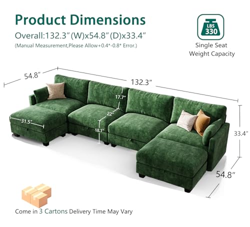 Image of Modular Sectional Sofa, 132 inch U Shaped Couch with Storage | High Resilience Foam, 22 inch Seat Depth, Movable Ottoman, Comfy Chenille, Easy Assembly, Green