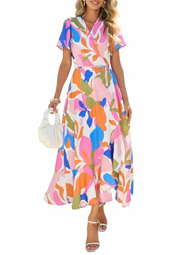 PRETTYGARDEN Women's Boho Floral Maxi Dress Summer Short Sleeve Wrap V Neck Long Flowy Beach Vacation Wedding Guest Dresses (White Multicolored,Small)
