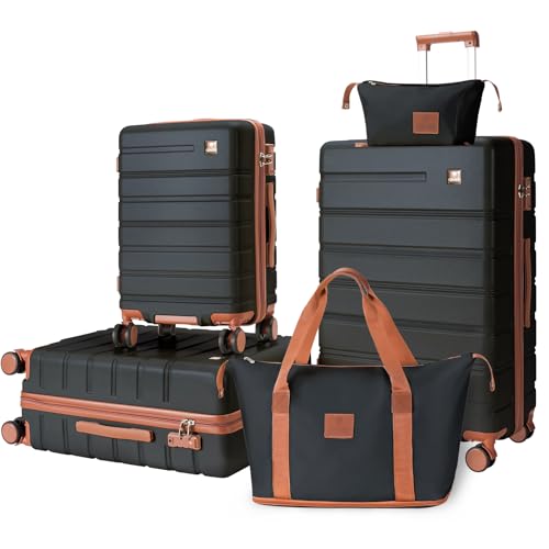 Image of Luggage Sets 5 Piece Polycarbonate Hard Shell Suitcases Airline Approved, Lightweight Luggage with Spinner Sheels TSA Lock, YKK Zippers, Suitable for Family Black(20 /24 /28 /DB /TB)