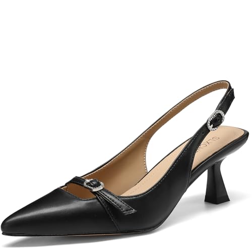 SLXCHBSL Women's Kitten Heels Slingback Closed Pointed Toe Pumps Low Heel Dress Comfortable Ankle Strap Shoes Elegant Work Wedding Party Date Night Shoes