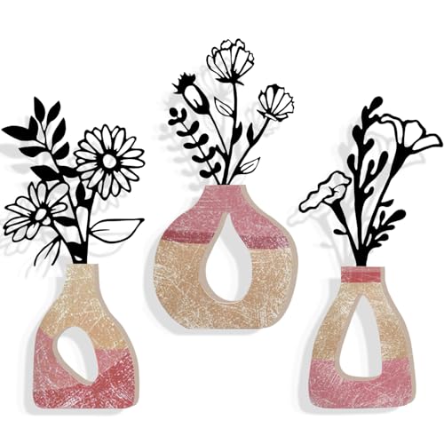 Luccyle 3pcs Black Metal Flores Arte de la Pared Decoraciones murales de metal Planta Decoración de la Pared Flores Decoración para el Hogar Patio Balcón Baño