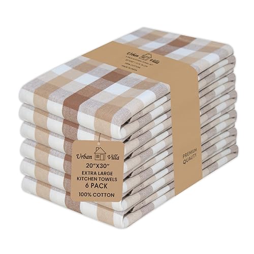 Urban Villa Kitchen Towels Set of 6 Buffalo Checks Taupe/Chocolate/Ivory 20X30 Inches Kitchen Towels 100% Cotton Highly Absorbent Premium Quality Ultra Soft Bar Tea Towels with Mitered Corners