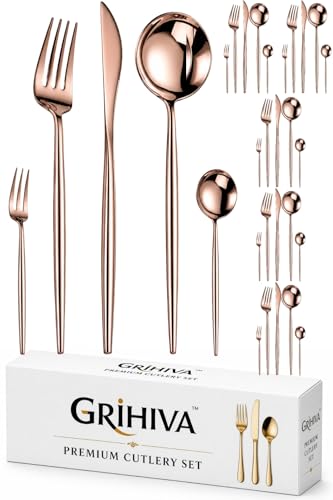 Image of 30 Pcs Rosegold Cutlery Set for Dining Table the Perfect Lightweight Silim Handle Tableware Including Dinner Spoon, Dinner Fork, Dinner Knife, Dessert Spoon & Dessert Fork