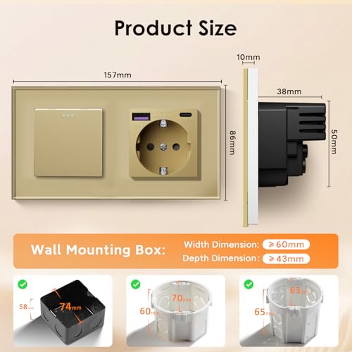 BSEED Lichtschalter mit Steckdose Schuko Unterputz Steckdose mit USB C 20W Schnellladegerät USB Type C 1 Fach 2 Wege Taste Schalter mit Glas Rahmen Wandsteckdose Geeignet für Phone, Pad-Golden