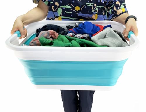 SAMMART 41L Collapsible Plastic Laundry Basket-Foldable Pop Up Storage Container/Organizer-Portable Washing Tub-Space Saving Hamper/Basket (1, White/Ceramic Blue) - Image 6