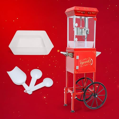 Image of Popcorn Machine with Cart, with Wheels & 6 Oz Pot Popcorn maker Equipped with Popcorn Scoops & Tools, Mobile Cart with Lockers for Commercial Home Movie Theater Vintage Style (Red)