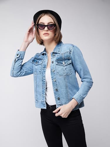 Image of Miss Chase Women's Polo Neck Full Sleeves Patch Pocket Denim Overcoat Knee-Length Jacket