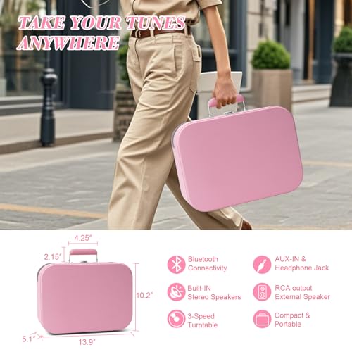 Image of VINYLS LINK Vinyl Record Player 3 Speed Bluetooth Turntable Belt Drive LP Play Portable Suitcase Record Player Built-in Speaker with EQ Mode USB Recording RCA Output /AUX Input Headphone Jack Pink