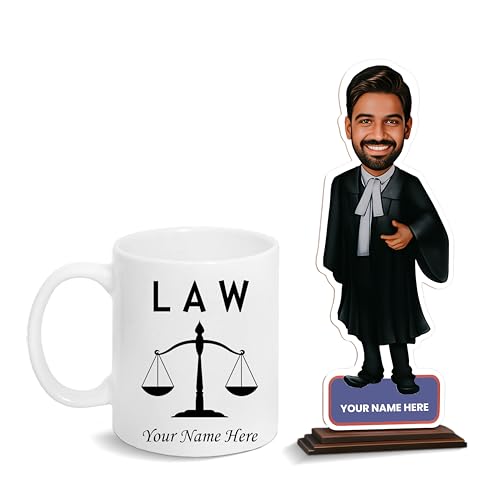 Image of SAVRI Personalized Lawyer Gift Combo - Customized Acrylic Caricature 6x8 inch with Name Mug | Advocate, Vakil, Judge & Law Student Gift | Legal Professional Desk Decor | Graduation & Birthday Gift