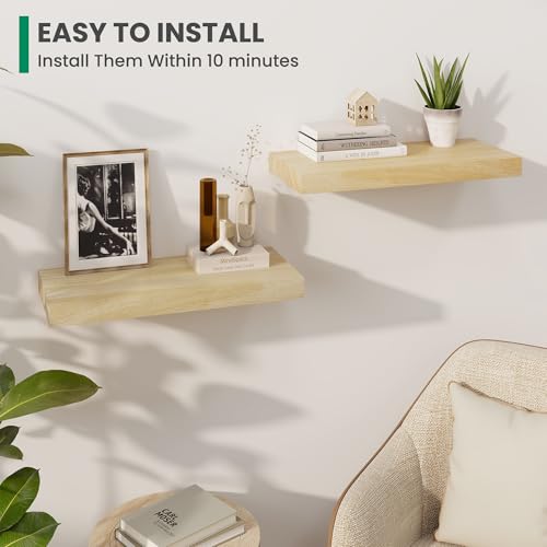 Solid Wood Floating Shelves For Wall, 24”W x 9”D x 1.56”H Large Wall Shelves for Living Room Bedroom Bathroom Kitchen Drcor Storage with Invisible Heavy-Duty Metal Bracket, Natural, Set of 2 - Image 5