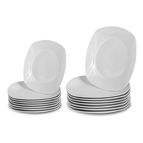 Klikel 16 White Dinnerware Plate Set - 8 Dinner And 8 Salad Porcelain Square Plates - Classic Solid Coupe Style Plate Set - 8 of 10 Inch Plates And 8 of 8.3 Inch Plates