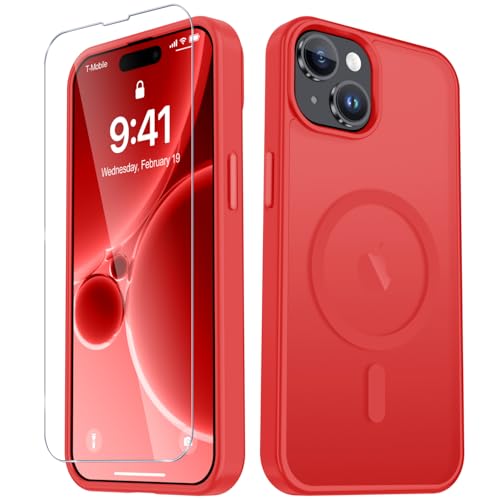 YENAPOON for iPhone 15 Plus Case iPhone 14 Plus Case Matte Magnetic Phone Cover with 1 Screen Protector [Support for MagSafe] [Shockproof Military Grade Protection] Translucent Frosted Back Red