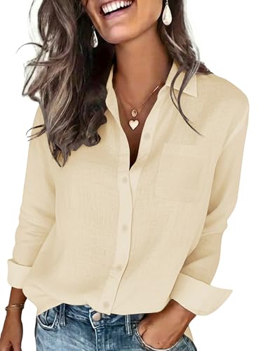 BBIBBI Womens Cream Button Up Cottn Shirts Long Sleeve Blouses Dressy Casual Linen Shirt Trendy Summer Ladies Collared Gauze Tops with Pocket Size S