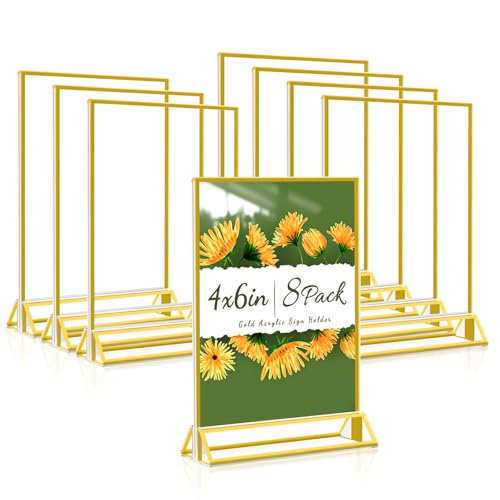 Image of Dynta Acrylic Sign Holder 4x6 8 Pack Double Sided Clear Plastic Display Stands, Tabletop Menu Holder, Flyer Display for Wedding, Party, Restaurant, Office, Retail (Gold Frame)
