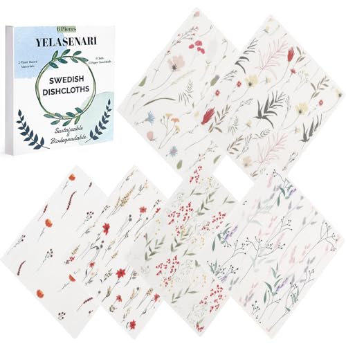 Yelasenari Swedish Dishcloths for Kitchen Reusable 6 Pack Kitchen Towels No Odor Quick-Drying Reusable Paper Towels Reusable Paper Towels Washable for Countertop, Sink, and Kitchen Flower