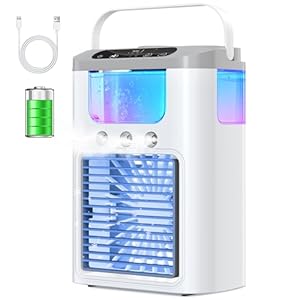 Mini Klimagerät Mobile Klimaanlage 1200 mAh Akku Luftkühler mit 600ml Wassetank Mini Mini Ventilator Air Conditioner Camping Kleine Klimaanlage Tragbar 7 Farben Nachtlicht 3 Sprühmodi Wiederaufladbar