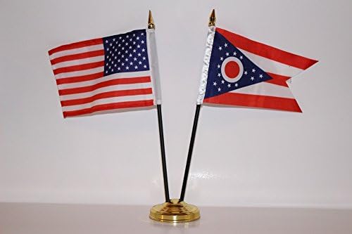 US USA American and Ohio OH State 4"x6" Miniature Flags Desk Set with Gold Base image 2