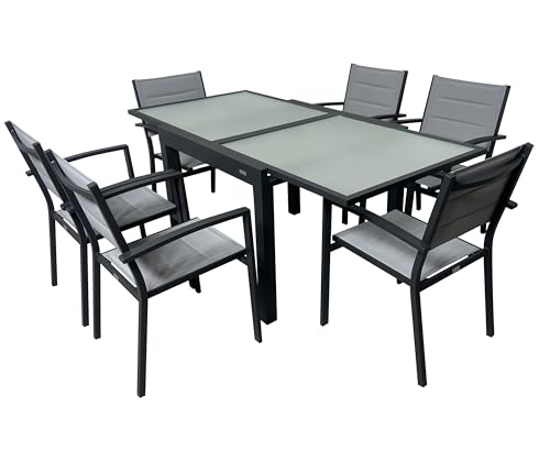MOMMA HOME Set Mesa Extensible y 6 sillas terraza, Conjunto Muebles Jardín Exterior 7 Piezas, Estructura de Aluminio, Mesa y Sillas Terraza Impermeables, Resistentes a Exterior (Gris Antracita)