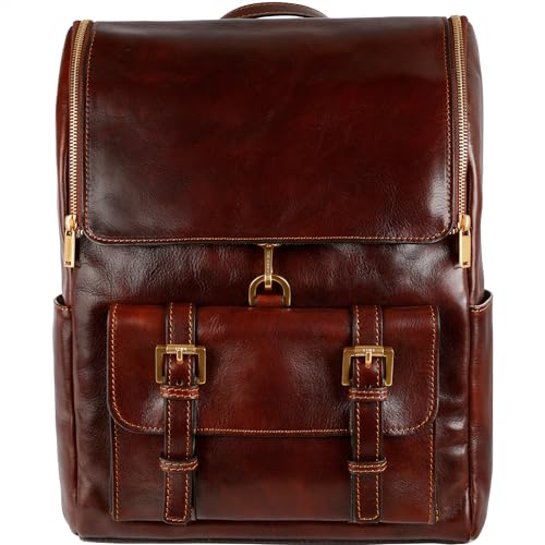 Lederrucksack bis 15 Zoll Laptop braun Reise-Buchtasche - Time Resistance