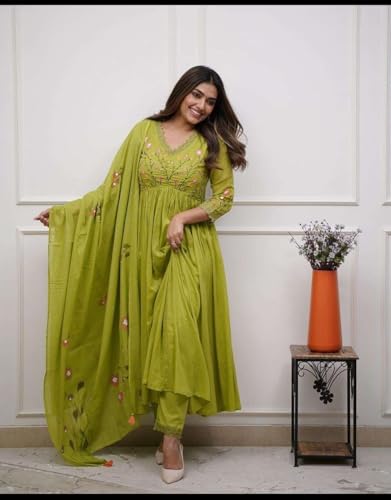 Image of Women's Cotton Embroidered Long Anarkali Kurti with pant and Dupatta Set