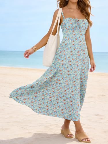 Image of YATHON Women's Summer Midi Corset Boho Dresses Spring Casual Floral Spaghetti Straps Lace Up Dress Flowy Aline Beach Sundress