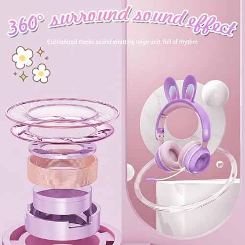 Image of Bluetooth Noise Cancelling Headphones for Kids,Foldable Cat Headphones with LED Light Up Ear,Cat Ear Headphones for Toddler with Microphone /TF Card,Kids Bluetooth Headphones (Rabbit Purple) | Delight your child with these stylish LED cat ear headphones premium noise cancellation, built-in mic, and wireless ease.