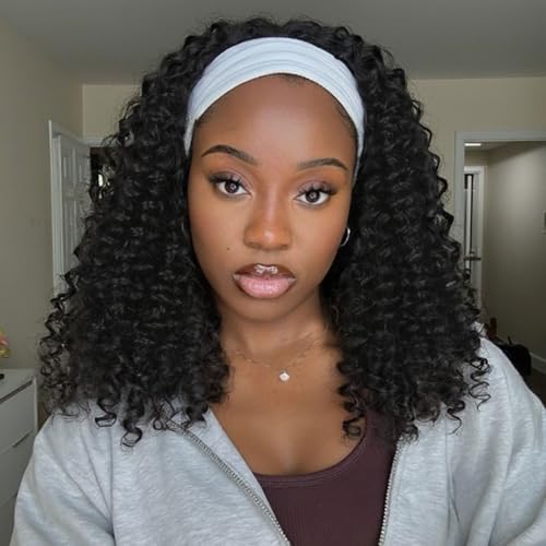 FANCEE Fancy Hair 16 Inch Kinky Curly Headband Wig for Black Women Glueless Synthetic Black Half Wig with Headband None Human Hair
