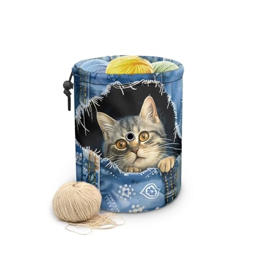 Image of Sellikakes Yarn Bag with Drawstring, Jeans Cats Knitting Crochet Yarn Storage Bags Organizer Crochet Accessories for Crocheting Project, Store Skein Ball,Short Knitting Needles