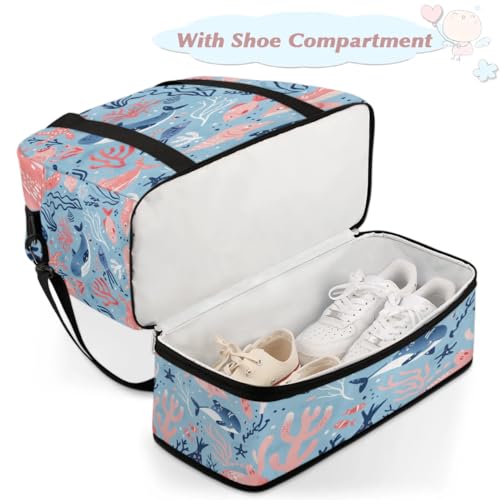 Travel Duffel Bag with Shoe Compartment, Tropical Sea Creatures Shoulder Weekender Bags for Women, Foldable Waterproof Travel Bag Carry on Bag4