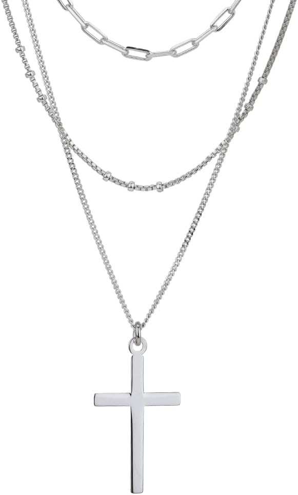 Vanbelle Sterling Silver Jewelry - Rhodium Plated with 925 Stamp - Three Layers of Chain Necklace with Cross Pendant for Women - 16.5" long + 2" Extender - Valentine's Collection Necklace