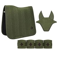 Equimour Dressur Schabracke Set Sage 3-teilig – Schabracke, Fliegenhaube & Fleece Bandagen – Atmungsaktiv & Elegant – Reitsport Turnier Set Warmblut/Full – Classic Sage
