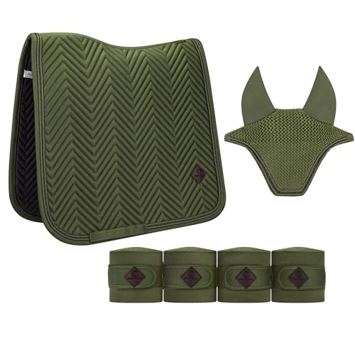 Equimour Dressur Schabracke Set Sage 3-teilig – Schabracke, Fliegenhaube & Fleece Bandagen – Atmungsaktiv & Elegant – Reitsport Turnier Set Warmblut/Full – Classic Sage