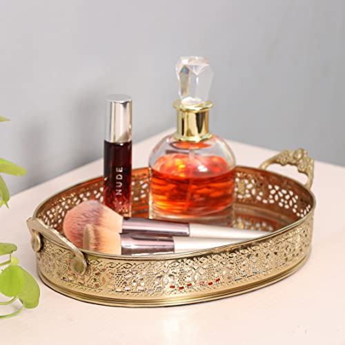 Image of Craft Brio -A TRENDY HANDICRAFTS Oval Glass Mirror Gold Plated Serving Tray with Handmade Handles Decorative Vanity Perfume Storage Pooja Wedding Gifting Trays (28 X 16 cm)