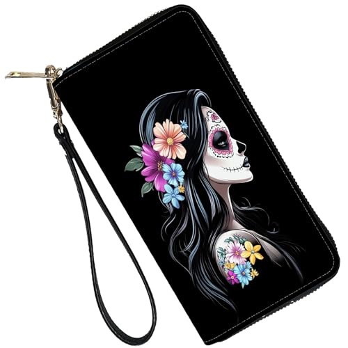 Image of RFID Blocking Leather Wallet for Women - Large Capacity Zip Around Clutch with 8 Card Slots,25 Cash Pockets & Coin Zipper,Sugar Skull Flower