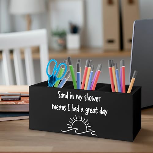Image of Summer Beach Makeup Brush Toothbrush Holder Organizer for Bathroom Vanity, Beach Lover Gifts, Sand in My Shower Means I Had a Great Day Wooden Pen Pencil Holder for Desk Accessories